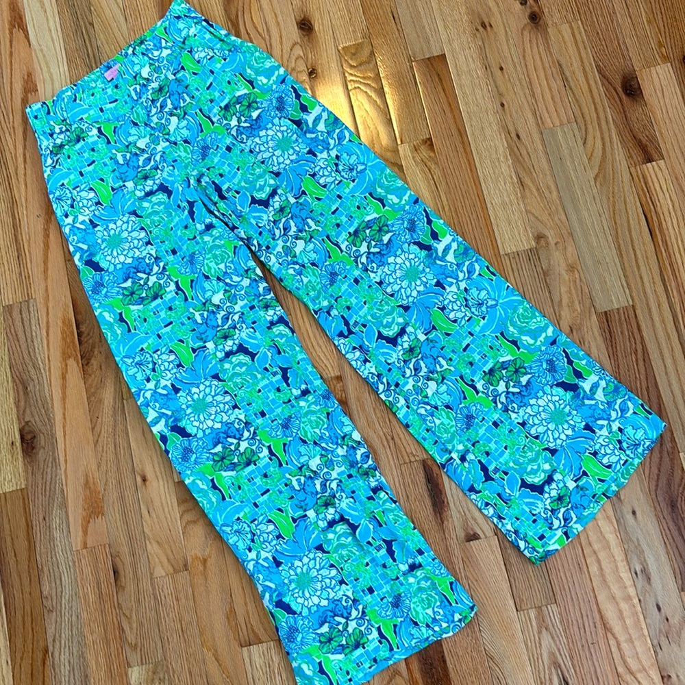 LILLY PULITZER RARE WOMENS BLUE GREEN RHINO CHAMELEON PRINT XS 100% LINEN PANTS